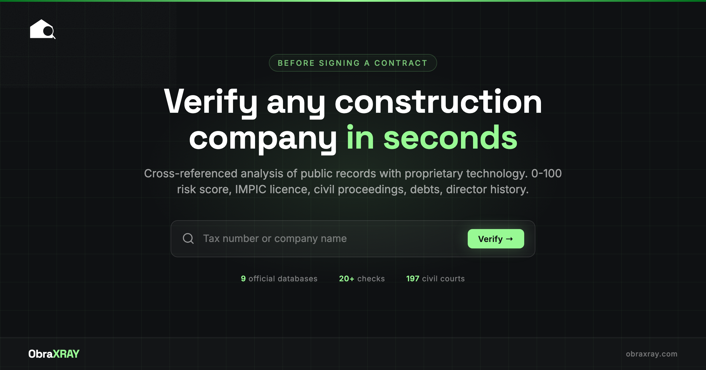 Verify a construction company before signing a contract on ObraXRAY - cross-referenced analysis with 9 official databases